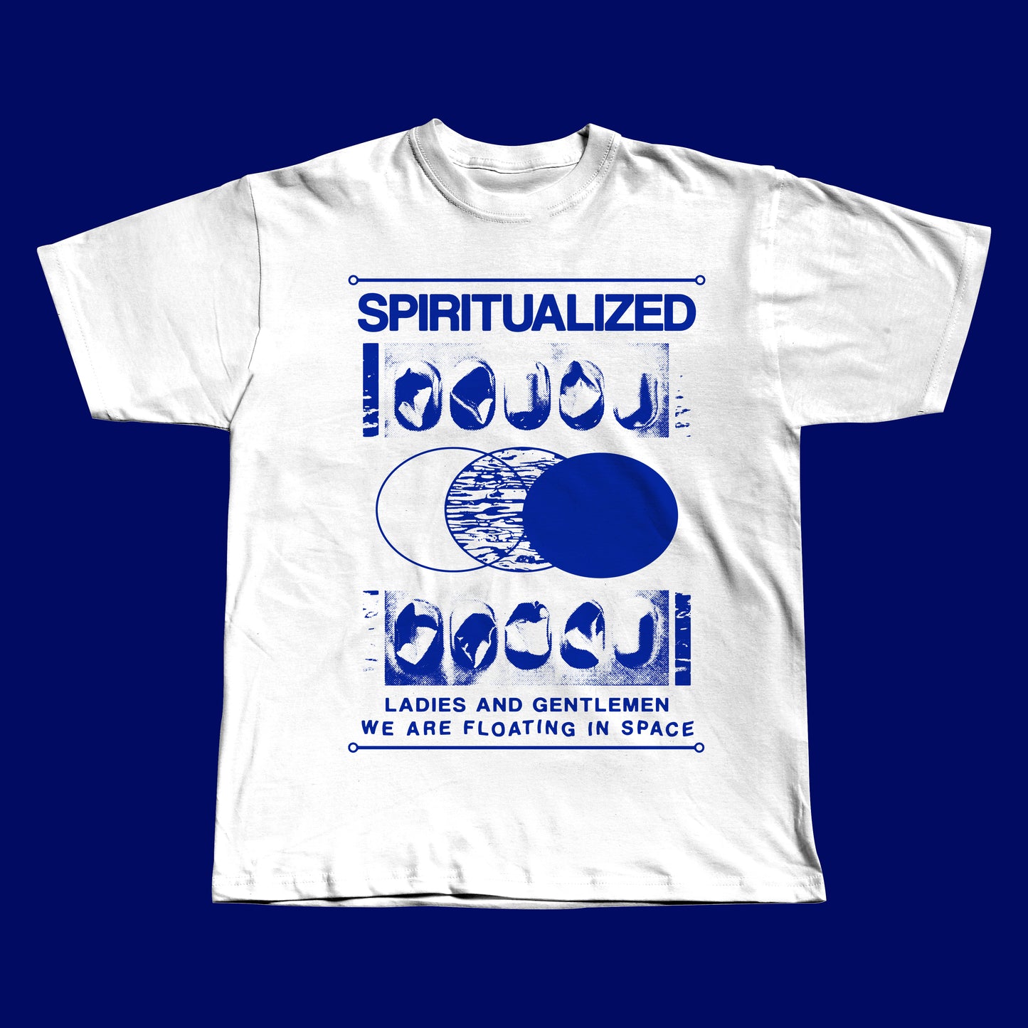 Handmade white t-shirt featuring a bold blue screen-printed design inspired by Spiritualized’s ‘Ladies and Gentlemen We Are Floating in Space’ album.