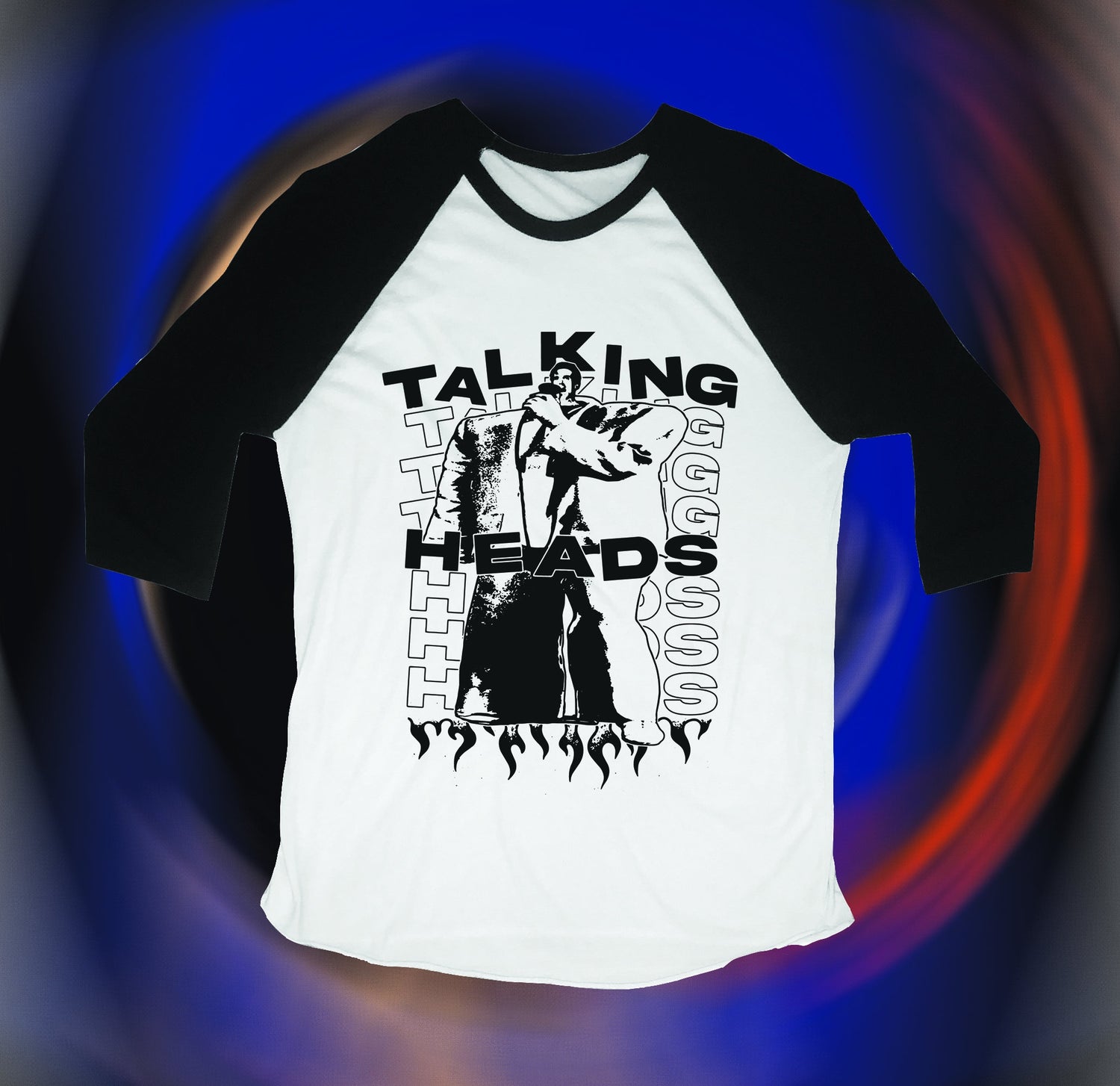 White baseball shirt with black sleeves featuring 'Talking Heads' graphic design on a colorful background