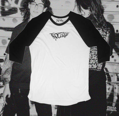 White and black baseball shirt with teeth design in front, hand screen printed with Bipolia logo on the collar.