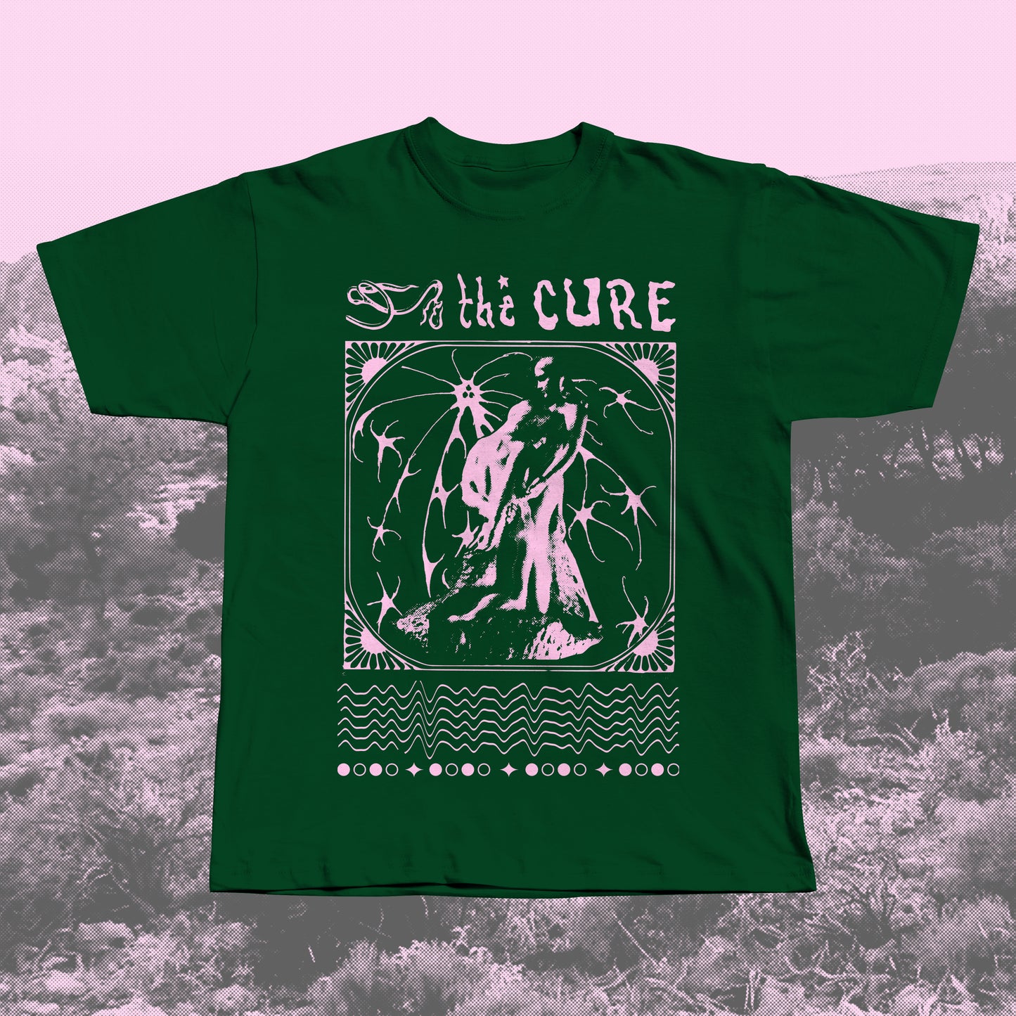 Forest Green handmade screen-printed T-shirt with pink The Cure-inspired gothic design featuring a romantic statue, ornate border, and abstract lines.