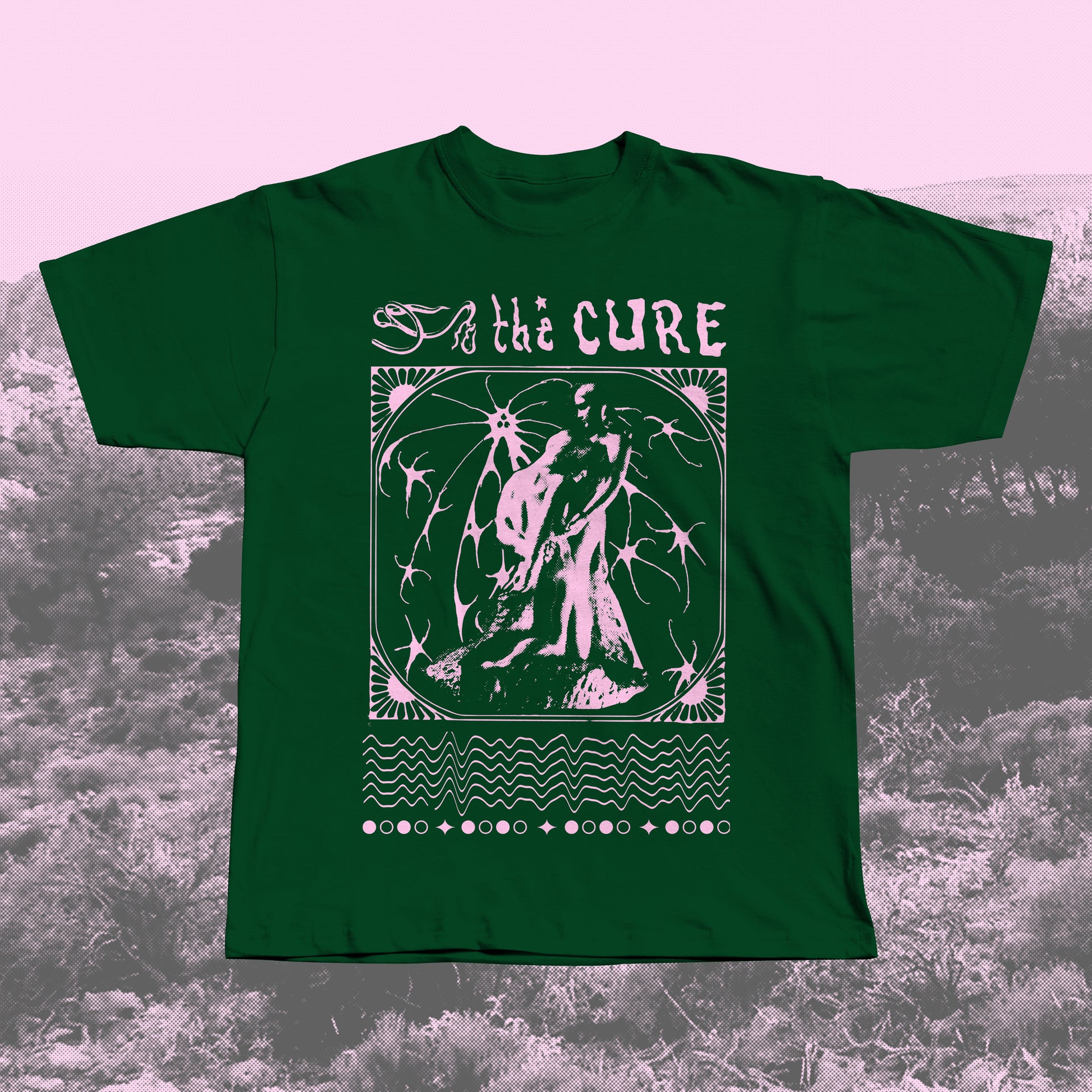 Forest Green handmade screen-printed T-shirt with pink The Cure-inspired gothic design featuring a romantic statue, ornate border, and abstract lines.