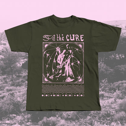Khaki handmade screen-printed T-shirt with pink The Cure-inspired gothic design featuring a romantic statue, ornate border, and abstract lines.