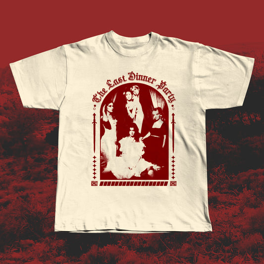 Beige handmade screen-printed T-shirt featuring a red The Last Dinner Party-inspired design with the band in dramatic poses framed by gothic arches and decorative elements.