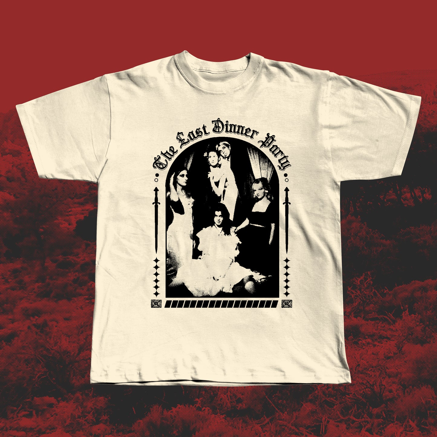 Beige handmade screen-printed T-shirt featuring a black The Last Dinner Party-inspired design with the band in dramatic poses framed by gothic arches and decorative elements.