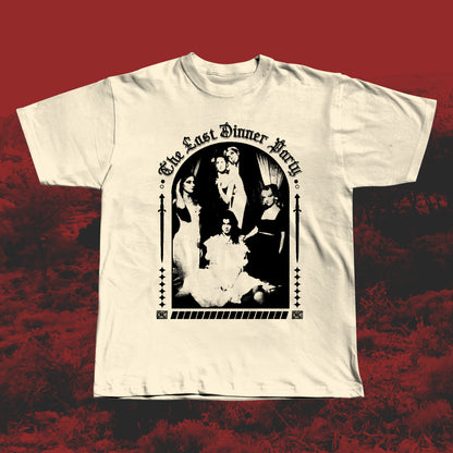 Beige handmade screen-printed T-shirt featuring a black The Last Dinner Party-inspired design with the band in dramatic poses framed by gothic arches and decorative elements.