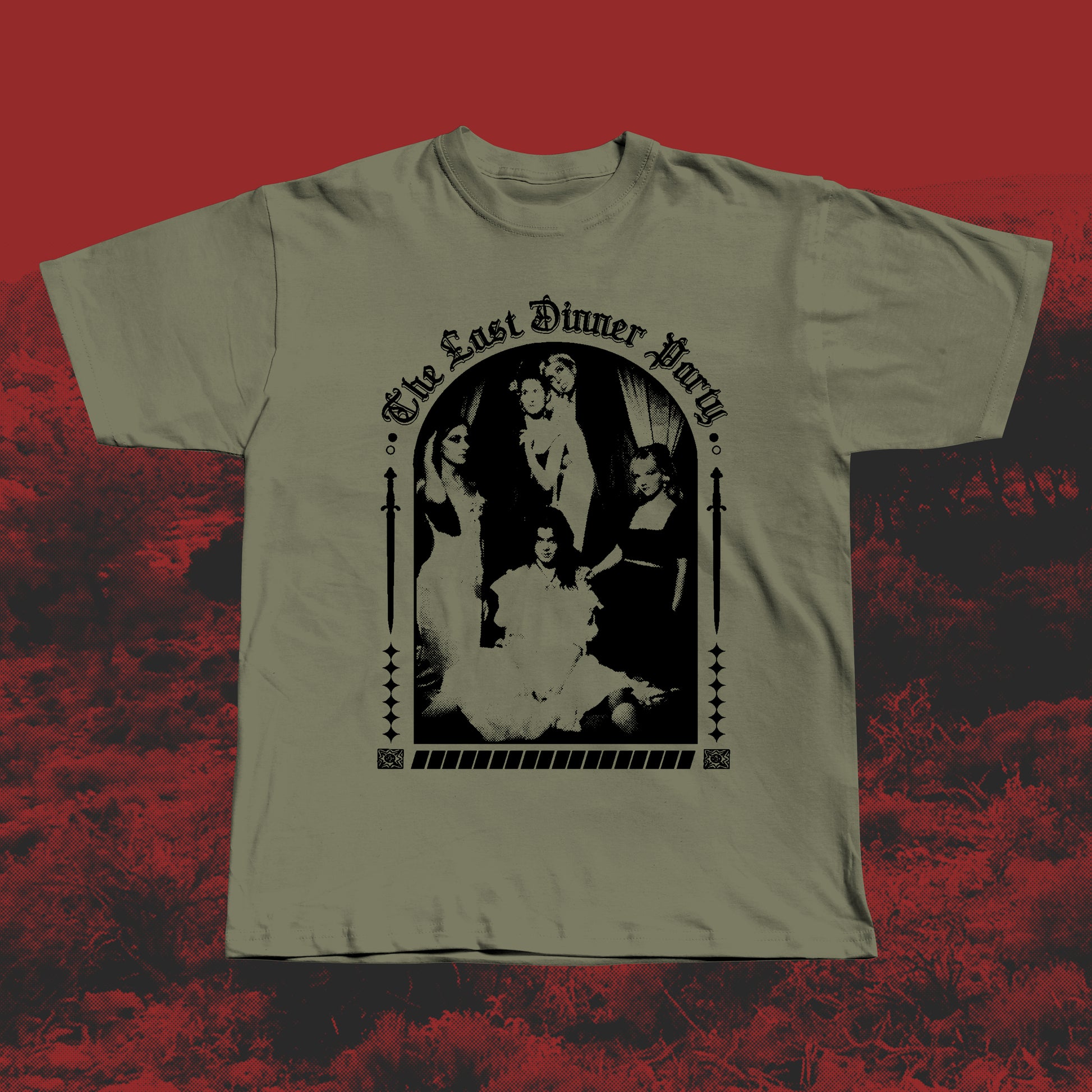 Khaki handmade screen-printed T-shirt featuring a black The Last Dinner Party-inspired design with the band in dramatic poses framed by gothic arches and decorative elements.