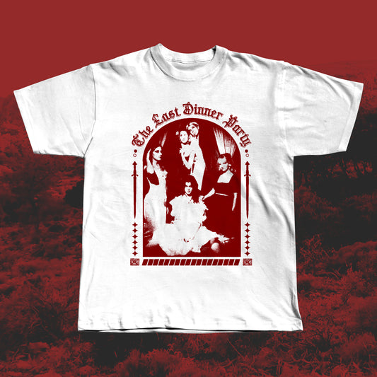 White handmade screen-printed T-shirt featuring a red The Last Dinner Party-inspired design with the band in dramatic poses framed by gothic arches and decorative elements.