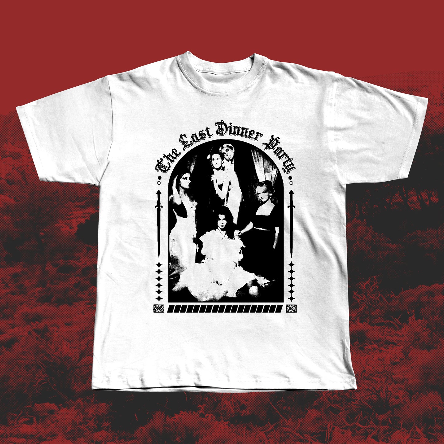 White handmade screen-printed T-shirt featuring a black The Last Dinner Party-inspired design with the band in dramatic poses framed by gothic arches and decorative elements.