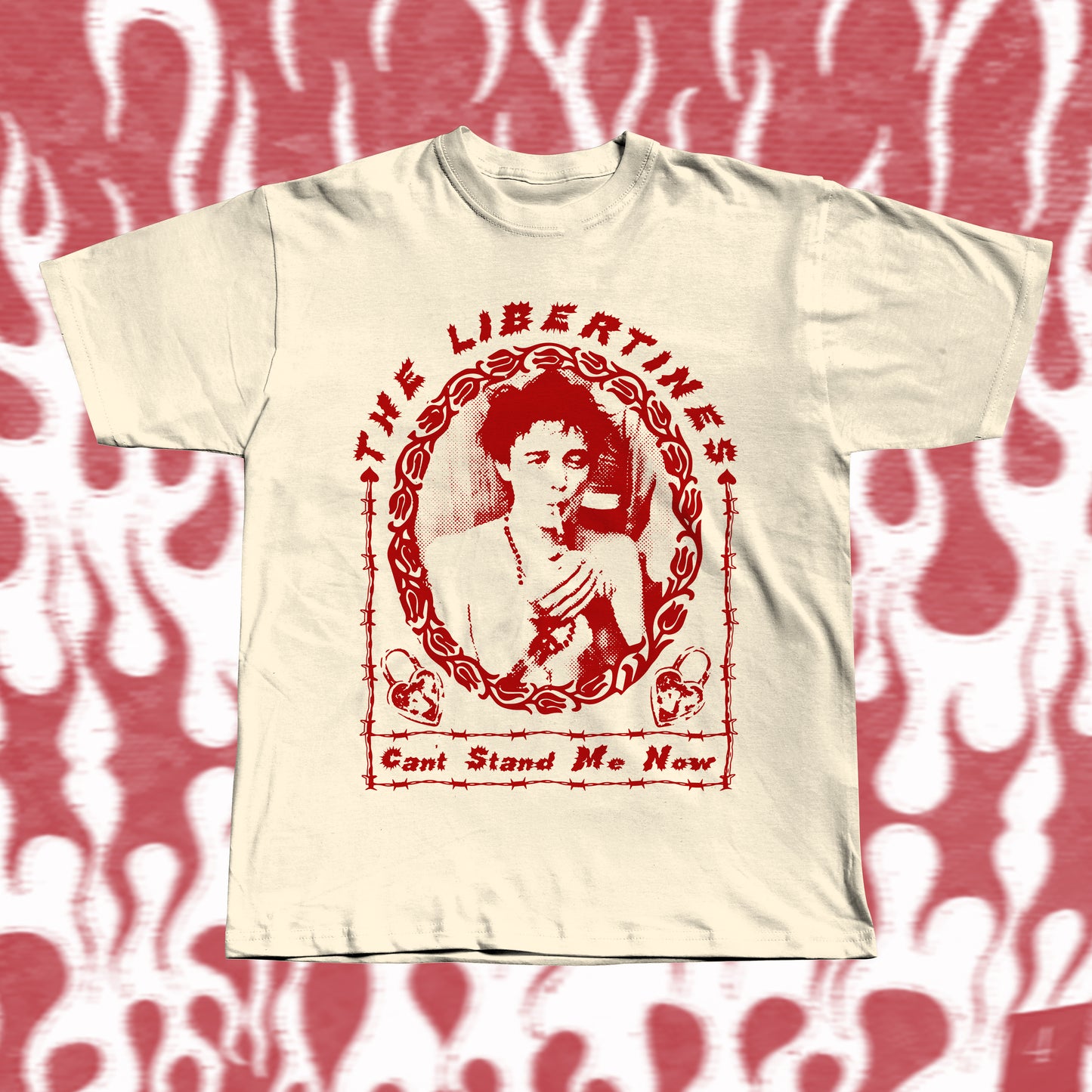 Handmade beige t-shirt with bold red screen-printed fan art inspired by The Libertines. Features a vintage-style portrait framed in barbed-wire pattern, with the band name “The Libertines” above and the song title “Can’t Stand Me Now” below.