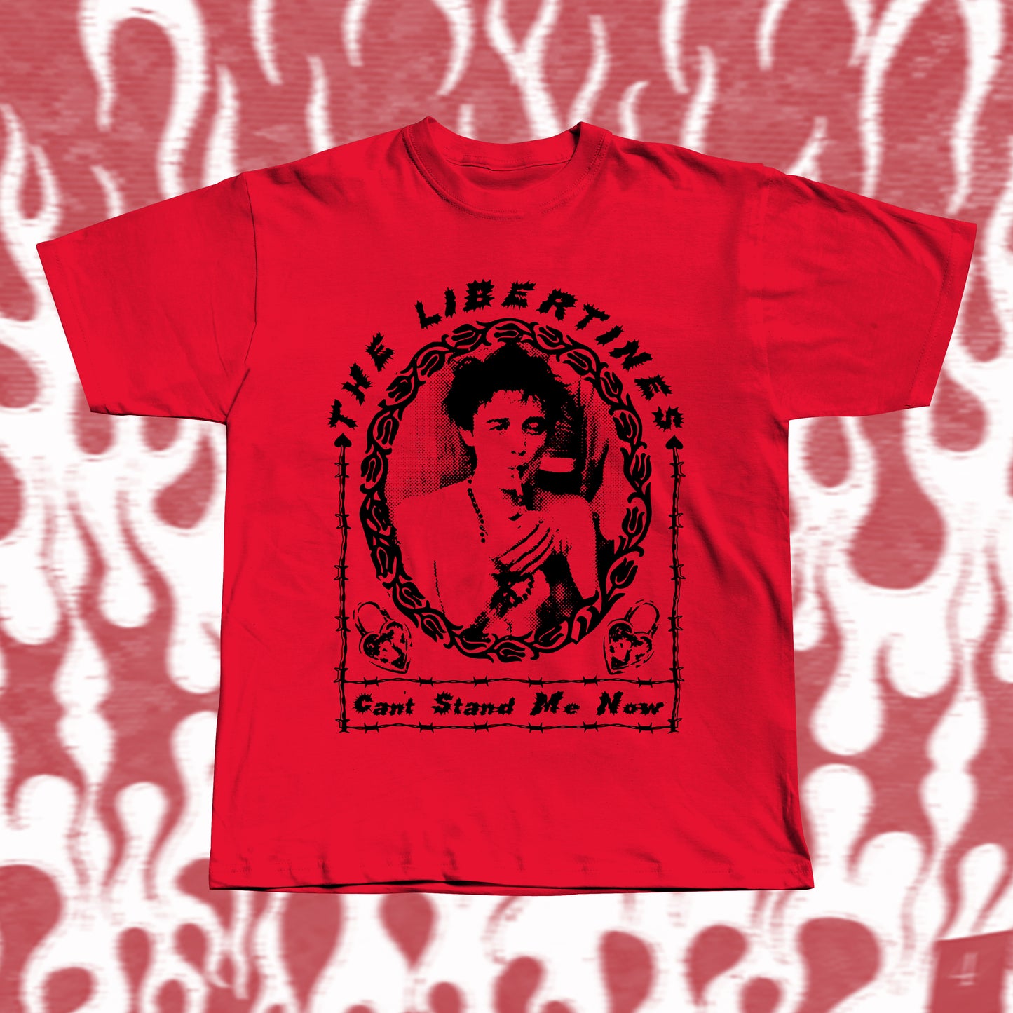 Handmade red t-shirt with bold black screen-printed fan art inspired by The Libertines. Features a vintage-style portrait framed in barbed-wire pattern, with the band name “The Libertines” above and the song title “Can’t Stand Me Now” below.