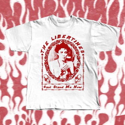 Handmade white t-shirt with bold red screen-printed fan art inspired by The Libertines. Features a vintage-style portrait framed in barbed-wire pattern, with the band name “The Libertines” above and the song title “Can’t Stand Me Now” below.
