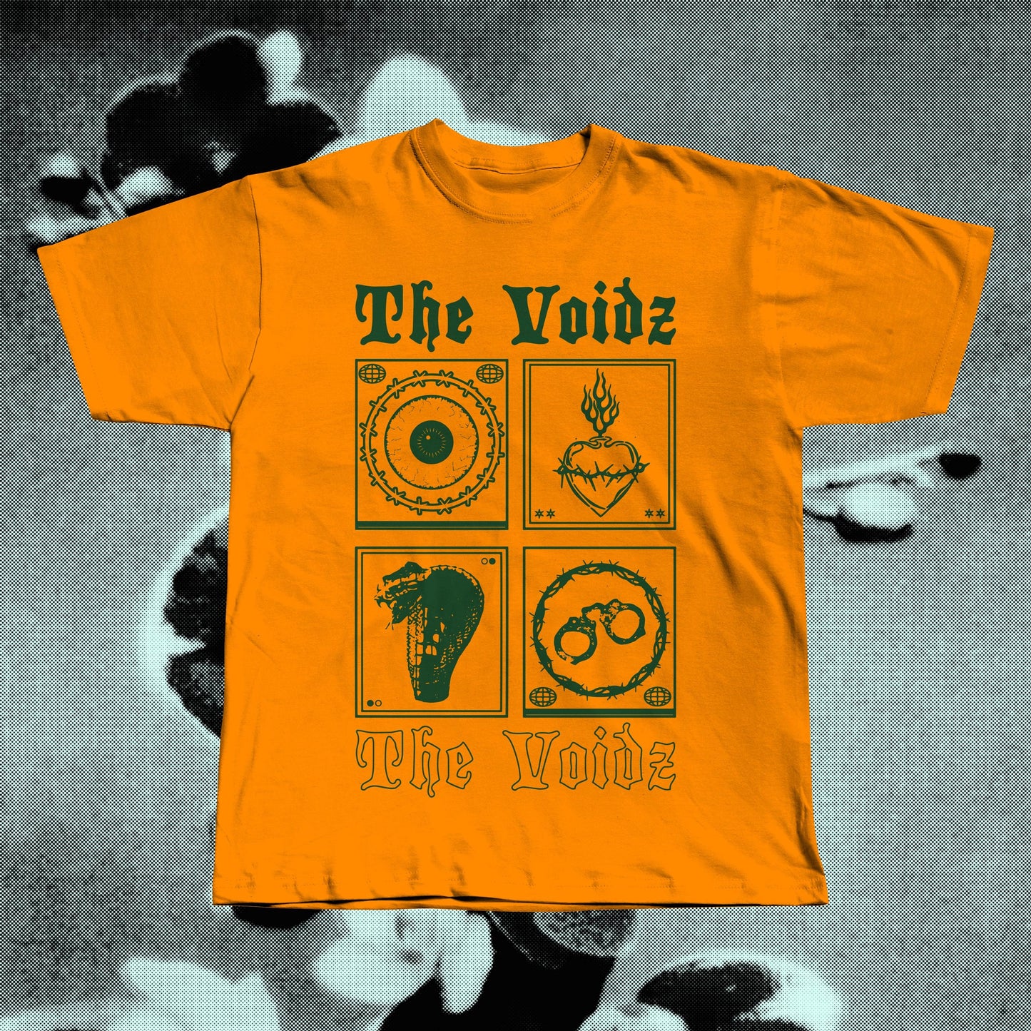 The Voidz orange band t-shirt displayed flat, screen-printed on soft cotton