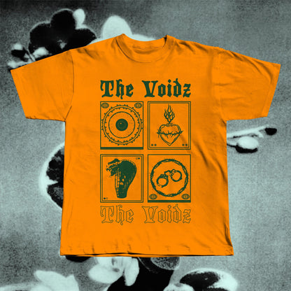 The Voidz orange band t-shirt displayed flat, screen-printed on soft cotton
