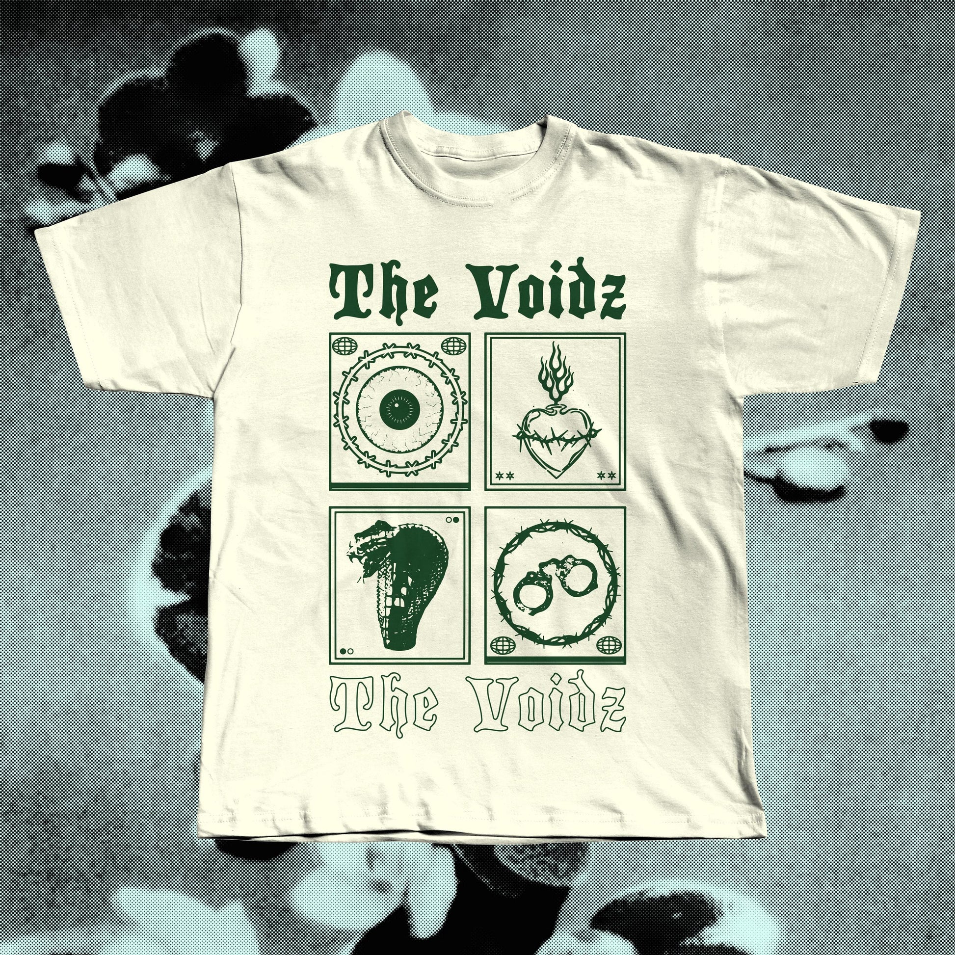 The Voidz band beige t-shirt displayed flat, screen-printed on soft cotton