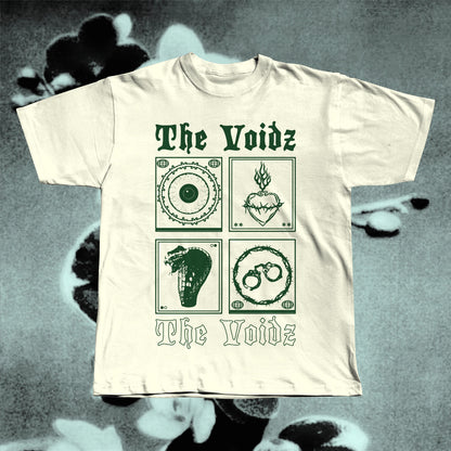 The Voidz band beige t-shirt displayed flat, screen-printed on soft cotton