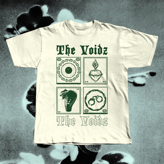 The Voidz band beige t-shirt displayed flat, screen-printed on soft cotton
