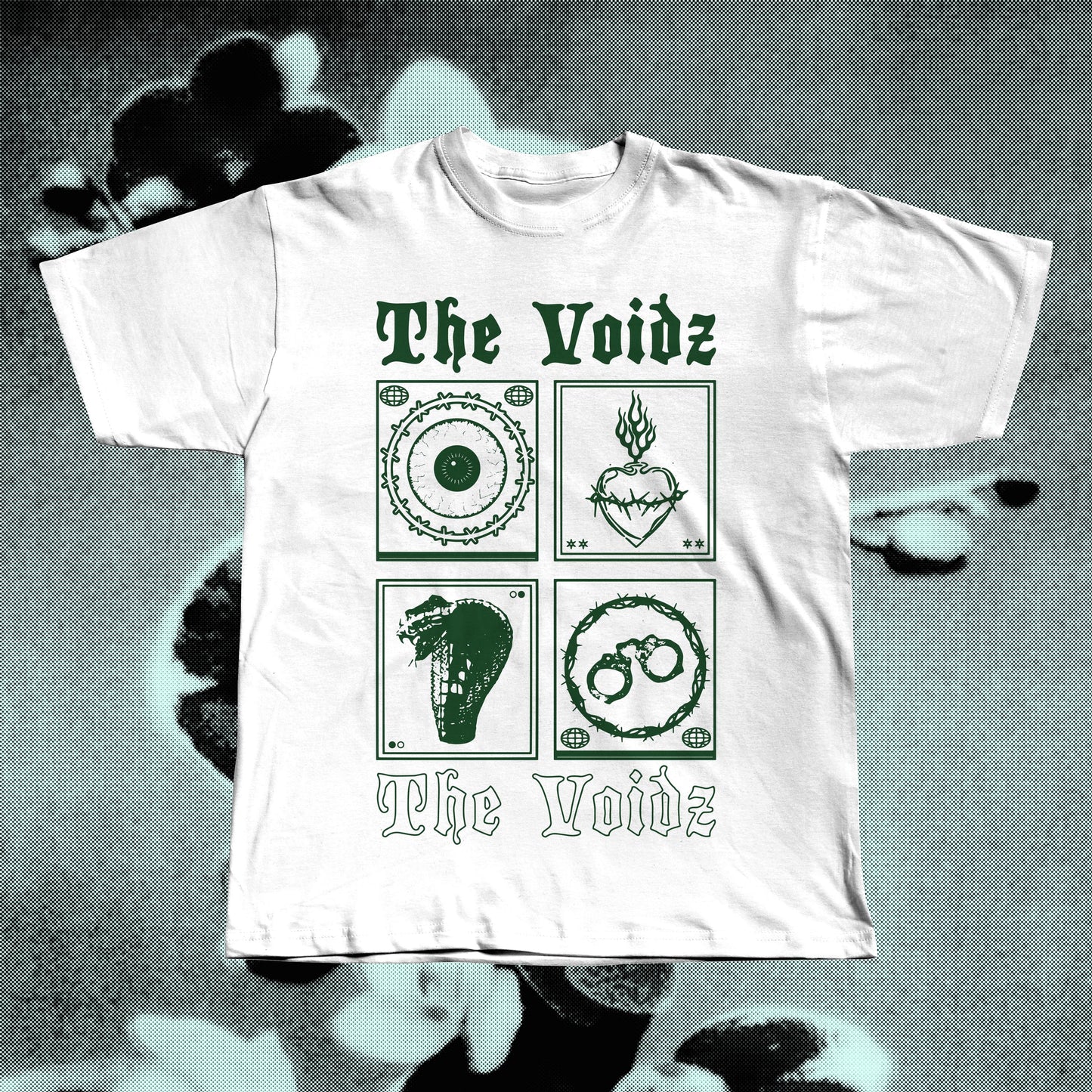 The Voidz white band t-shirt displayed flat, screen-printed on soft cotton