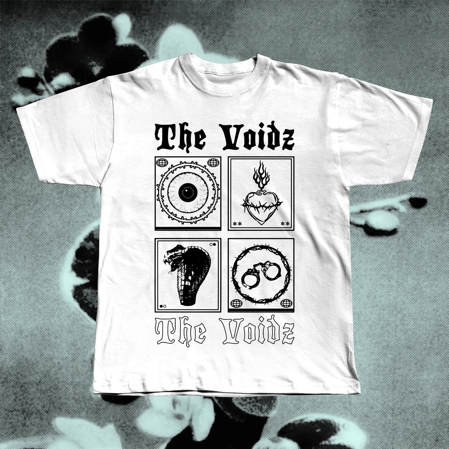 The Voidz band white t-shirt displayed flat, screen-printed on soft cotton
