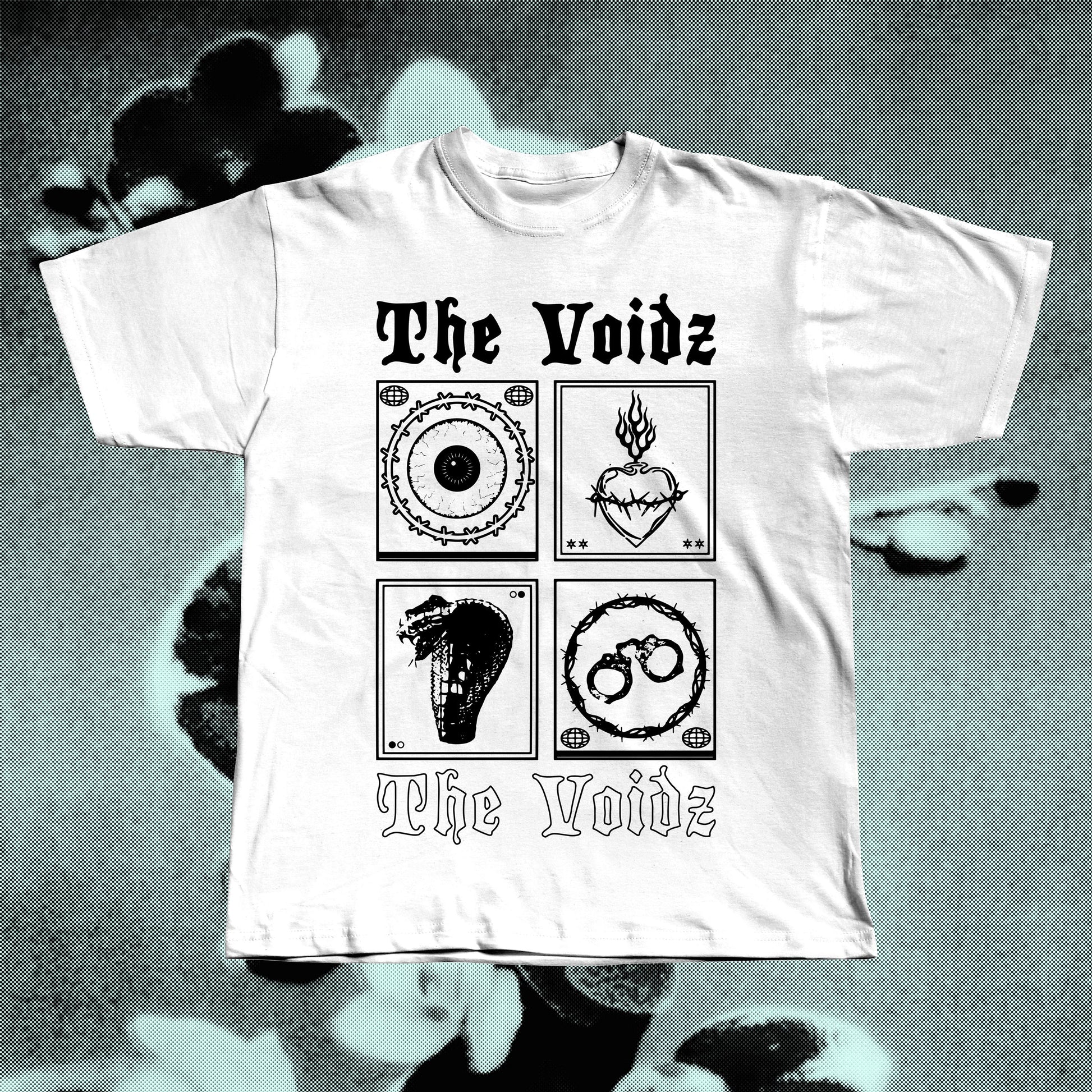 The Voidz band white t-shirt displayed flat, screen-printed on soft cotton