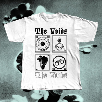 The Voidz band white t-shirt displayed flat, screen-printed on soft cotton