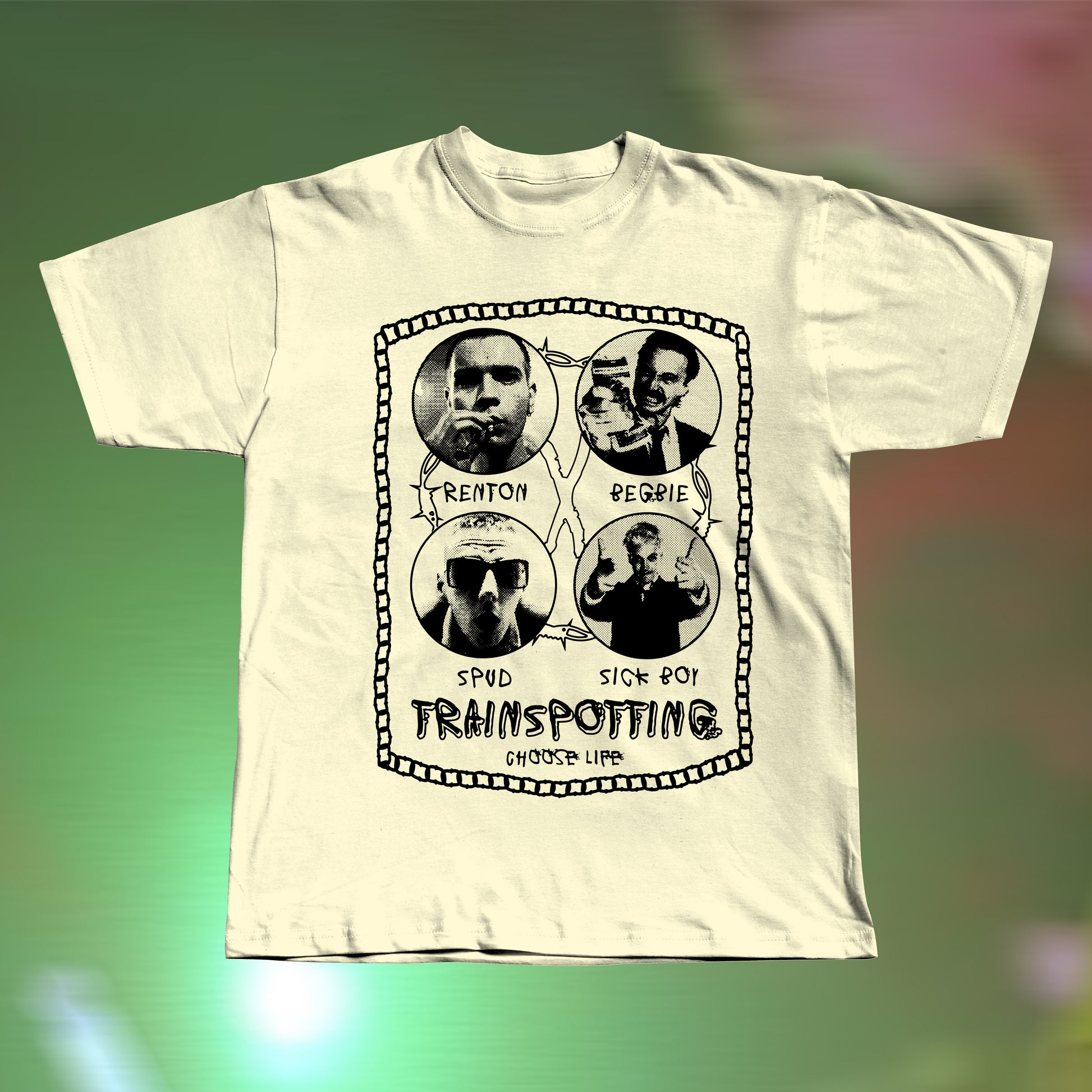 Front view of a Trainspotting-inspired hand screen printed beige T-shirt with bold retro movie graphic.