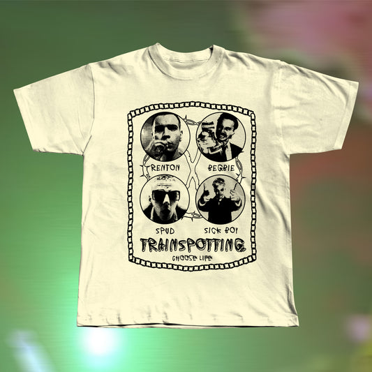 Front view of a Trainspotting-inspired hand screen printed beige T-shirt with bold retro movie graphic.