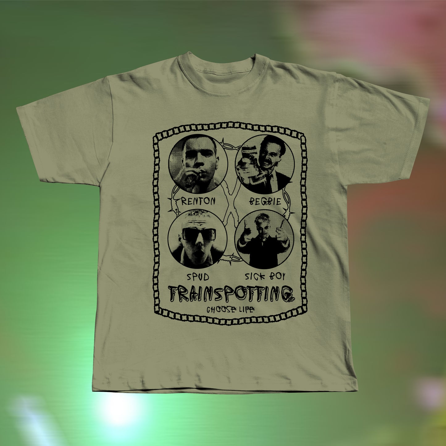 Front view of a Trainspotting-inspired hand screen printed khaki T-shirt with bold retro movie graphic