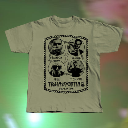 Front view of a Trainspotting-inspired hand screen printed khaki T-shirt with bold retro movie graphic