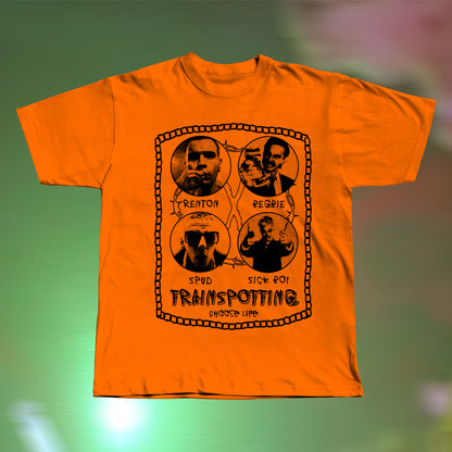Front view of a Trainspotting-inspired hand screen printed orange T-shirt with bold retro movie graphic.
