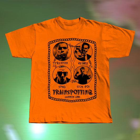 Front view of a Trainspotting-inspired hand screen printed orange T-shirt with bold retro movie graphic.