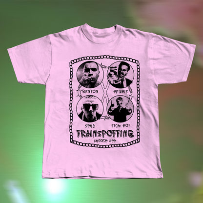 Front view of a Trainspotting-inspired hand screen printed light pink T-shirt with bold retro movie graphic.