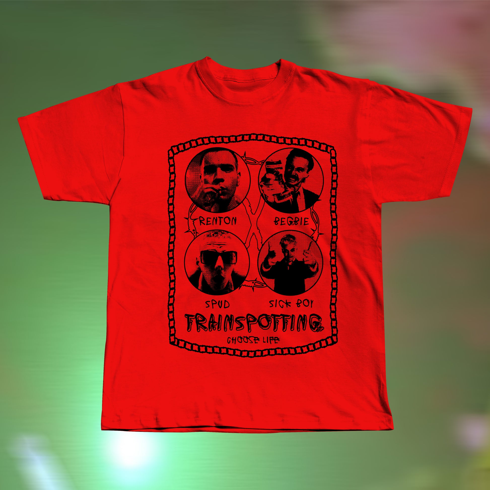 Front view of a Trainspotting-inspired hand screen printed red T-shirt with bold retro movie graphic.