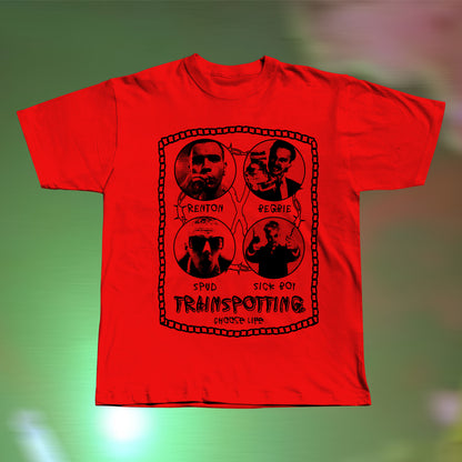Front view of a Trainspotting-inspired hand screen printed red T-shirt with bold retro movie graphic.