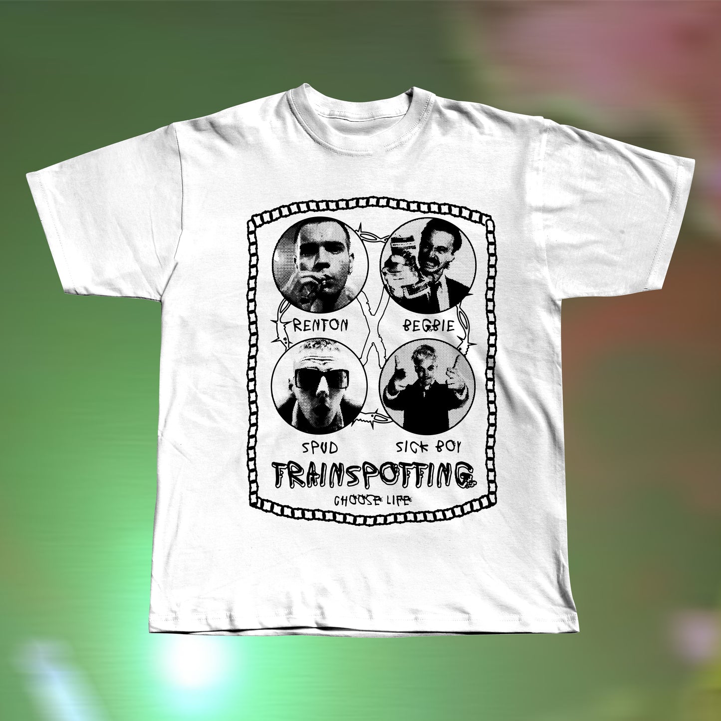 Front view of a Trainspotting-inspired hand screen printed white T-shirt with bold retro movie graphic