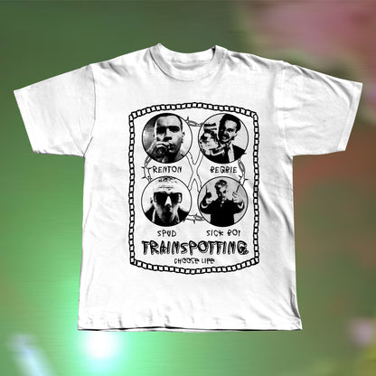 Front view of a Trainspotting-inspired hand screen printed white T-shirt with bold retro movie graphic
