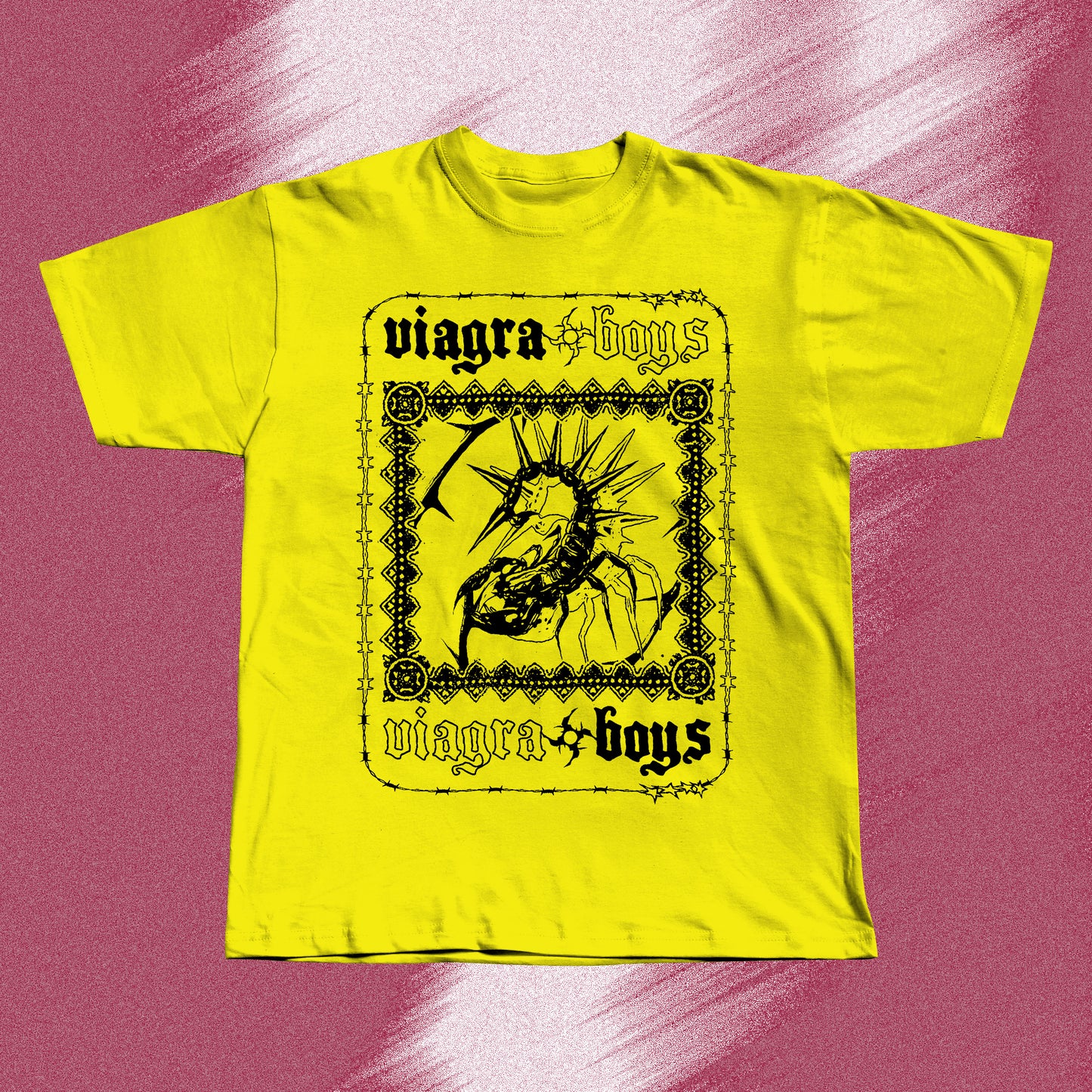 Yellow hand screen printed t-shirt with a black graphic print of a spider with spikes on its back. The spider is inside a black frame with the words 'viagra boys' written above and below the spider.