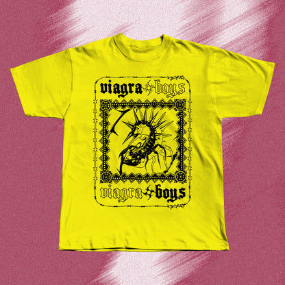 Yellow hand screen printed t-shirt with a black graphic print of a spider with spikes on its back. The spider is inside a black frame with the words 'viagra boys' written above and below the spider.