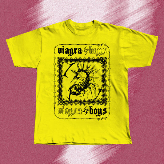 Yellow hand screen printed t-shirt with a black graphic print of a spider with spikes on its back. The spider is inside a black frame with the words 'viagra boys' written above and below the spider.
