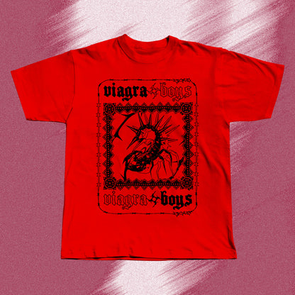 Red hand screen printed t-shirt with a black graphic print of a spider with spikes on its back. The spider is inside a black frame with the words 'viagra boys' written above and below the spider.