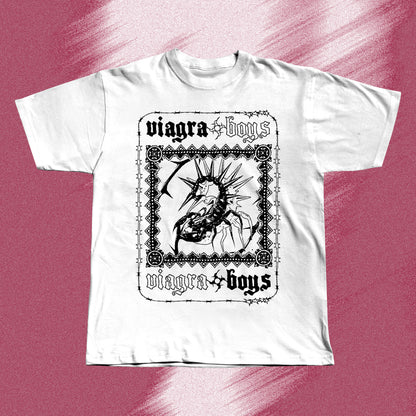 White hand screen printed t-shirt with a black graphic print of a spider with spikes on its back. The spider is inside a black frame with the words 'viagra boys' written above and below the spider.